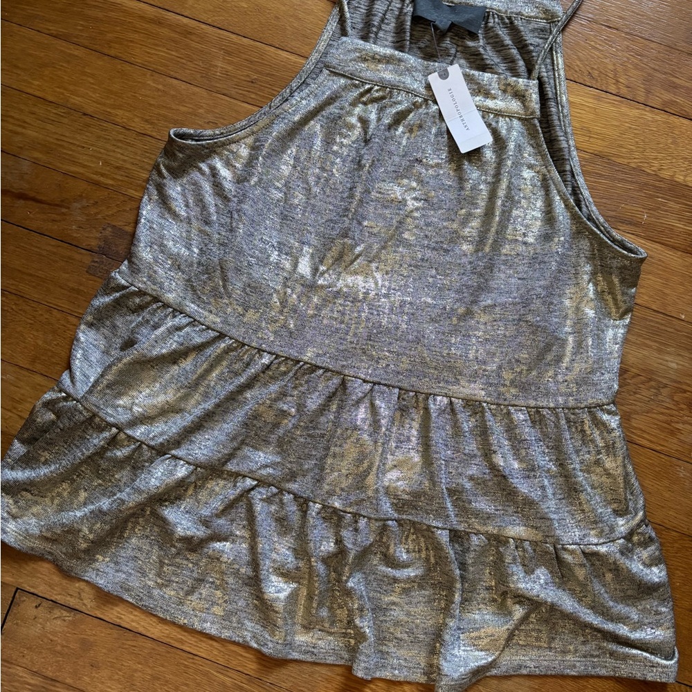 NWT L Anthropologie Sundays in Brooklyn Women's Sleeveless Ruffle Top Gold - Picture 3 of 5